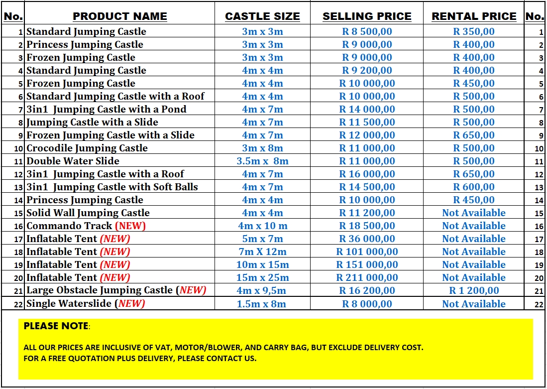 Cape Town Jumping Castles Price list